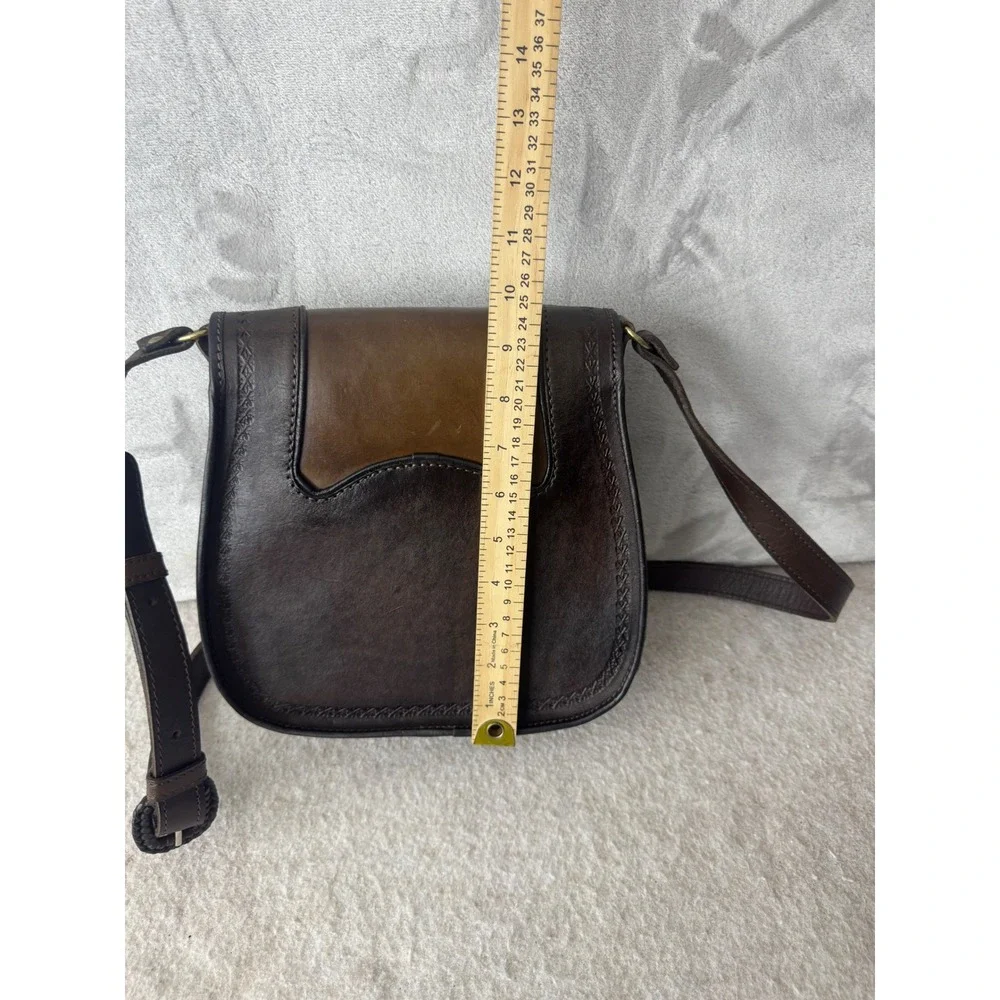 Anna Cainzo Brown Leather Saddle Crossbody Bag Stamped Detail Made in Bolivia